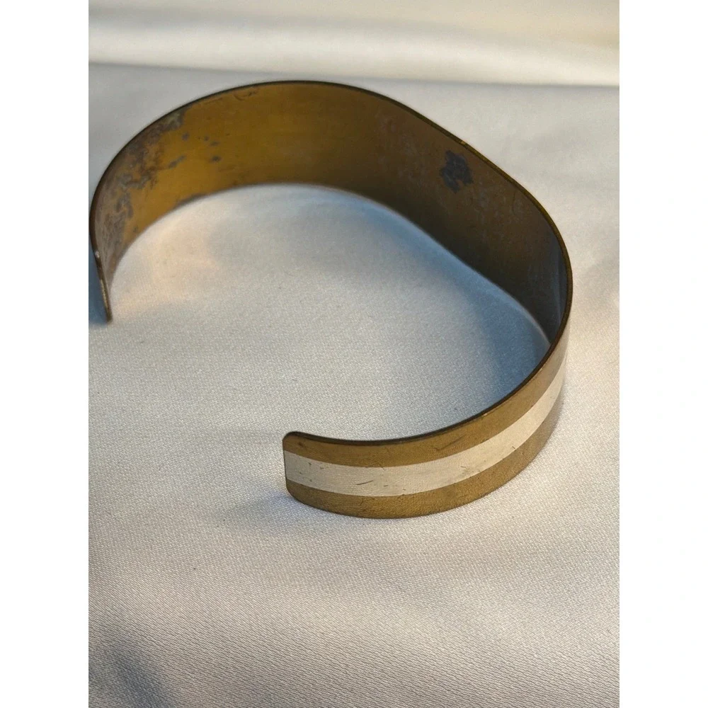 Vintage 1976 Lillian Vernon Sterling Silver Inlay Brass Cuff Bracelet Retro